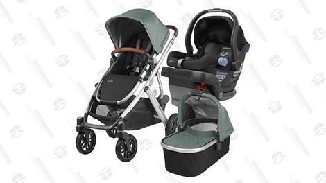 The Uppababy Vista set includes a bassinet and a car seat that work with the stroller, and is designed to handle tough terrain. It’s not very travel-friendly, however.